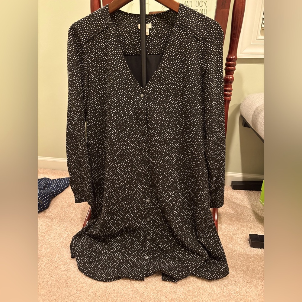 J.Crew Black White PolkaDot Button Front Dress XXS Long Sleeve ClassicWorkCasual
